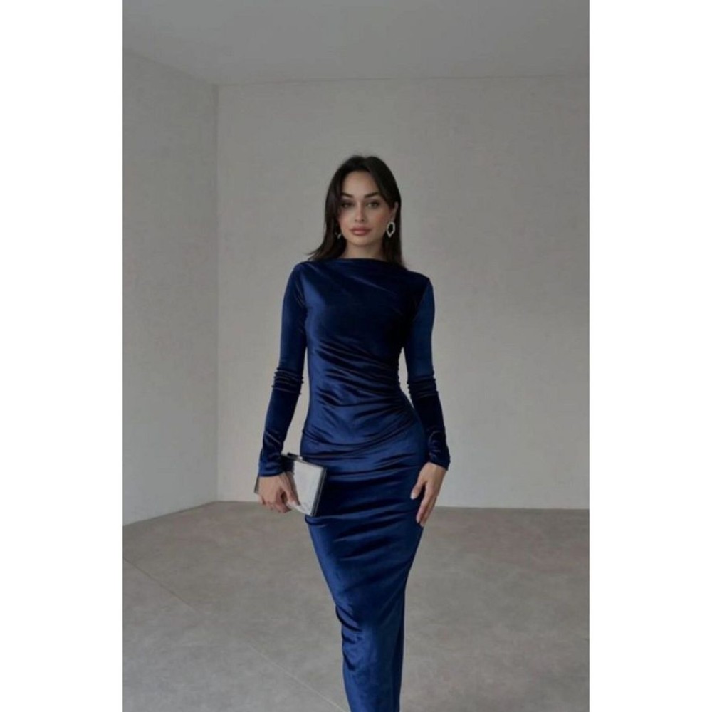 GDS BUTİK Gather Detailed Maxi Length Velvet Dress