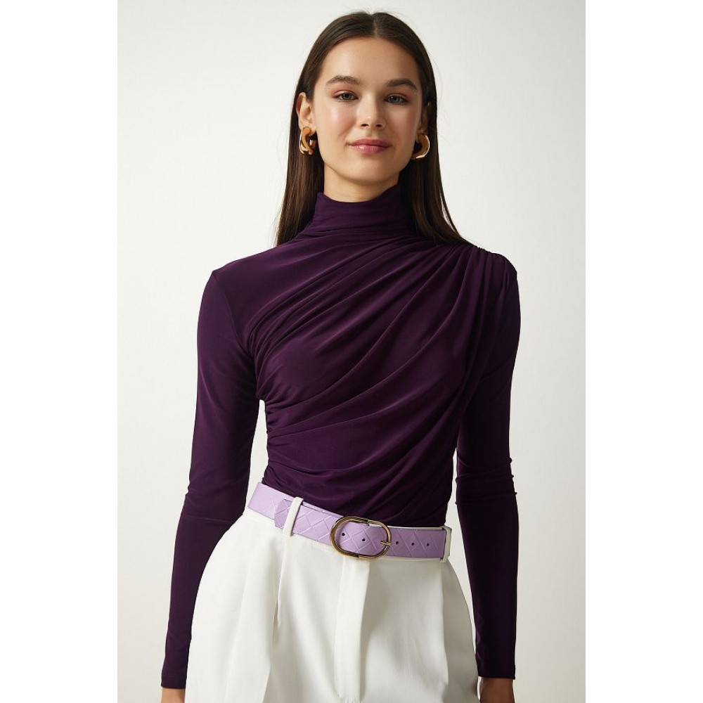 Happiness İstanbul Women's Plum Gathered High Collar Sandy Blouse