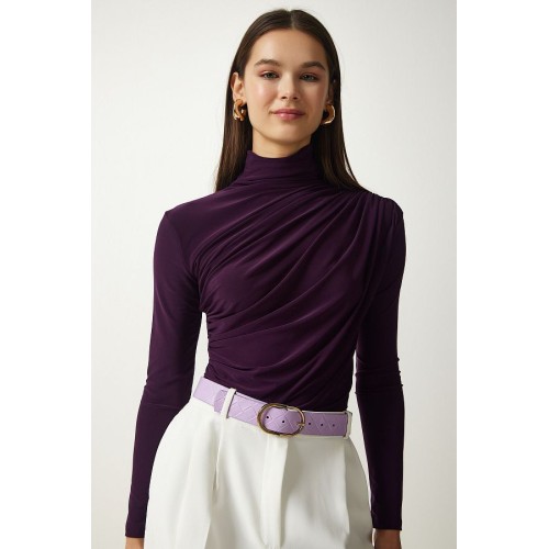 Happiness İstanbul Women's Plum Gathered High Collar Sandy Blouse