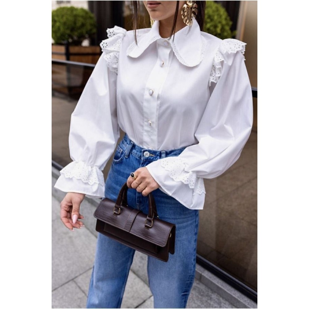 White Scallop Flounce Shirt with Baby Collar for Women