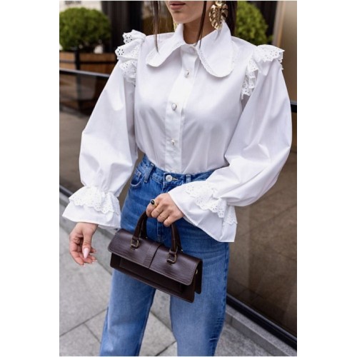 White Scallop Flounce Shirt with Baby Collar for Women