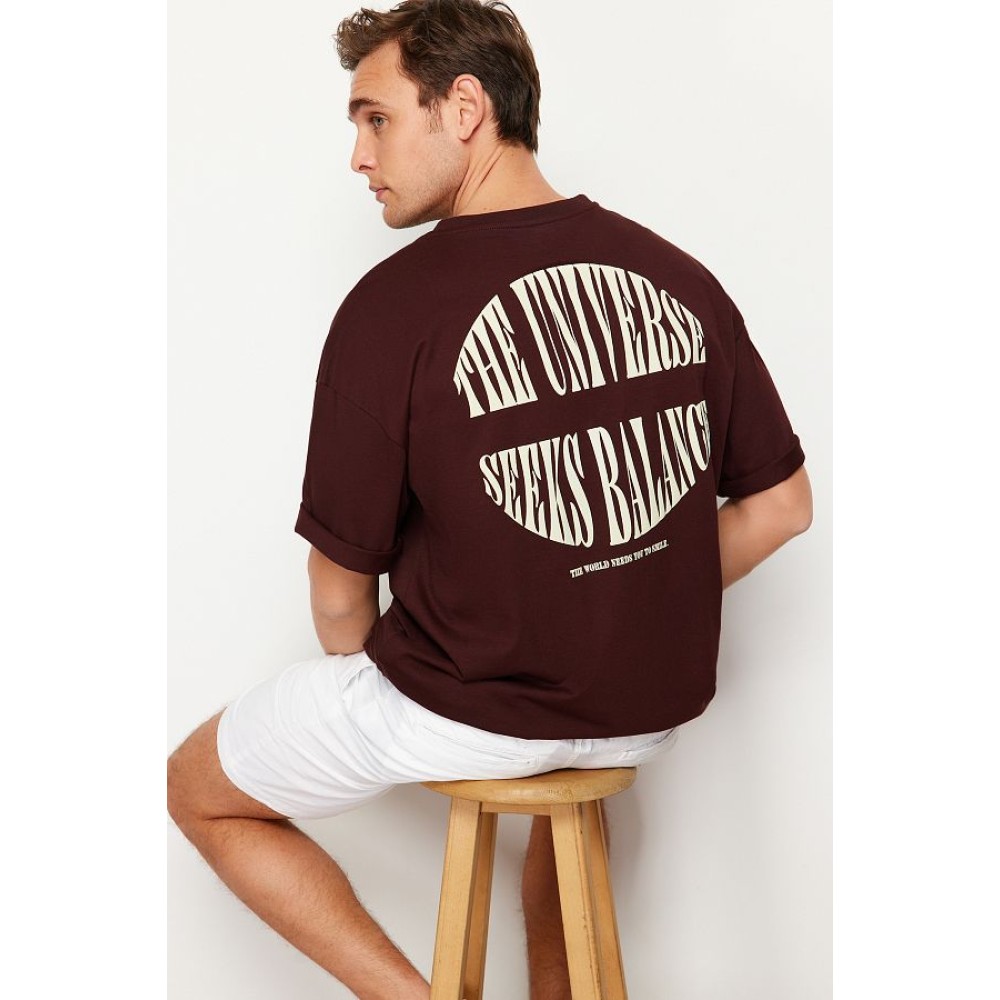 Oversize Dark Brown Cotton T-Shirt – Text Printed & Stylish