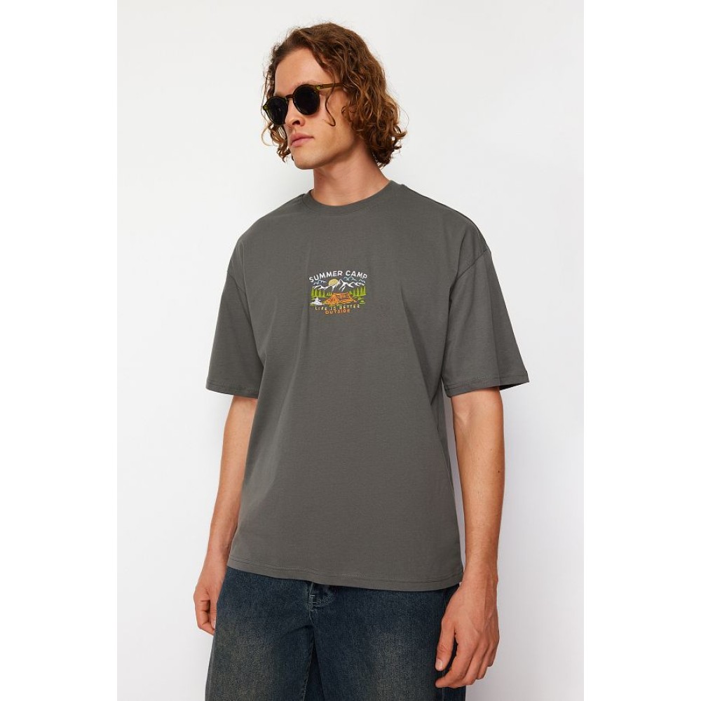 Anthracite Embroidered Oversize Short Sleeve Cotton T-Shirt | Casual Wear