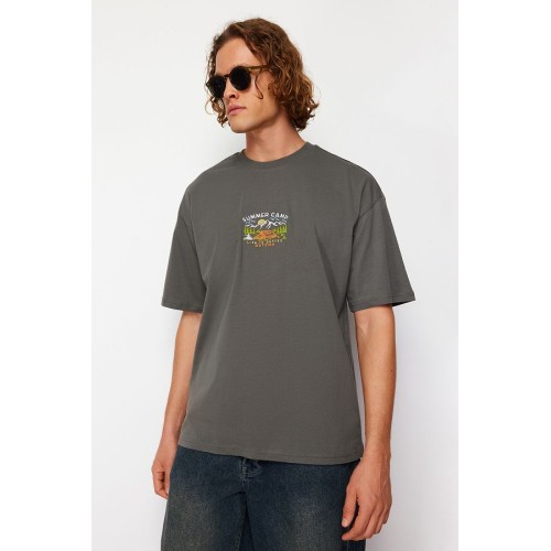 Anthracite Embroidered Oversize Short Sleeve Cotton T-Shirt | Casual Wear