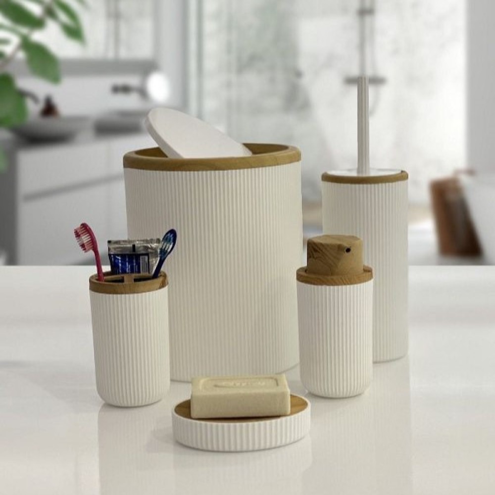 BİLTAŞ Plastik Auaro 5-Piece White Bathroom Set with Bamboo Cover