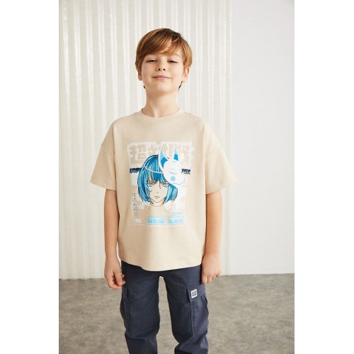 GRIMELANGE Boy's Beige 100% Cotton Relaxed Fit Graphic T-Shirt | Short Sleeve