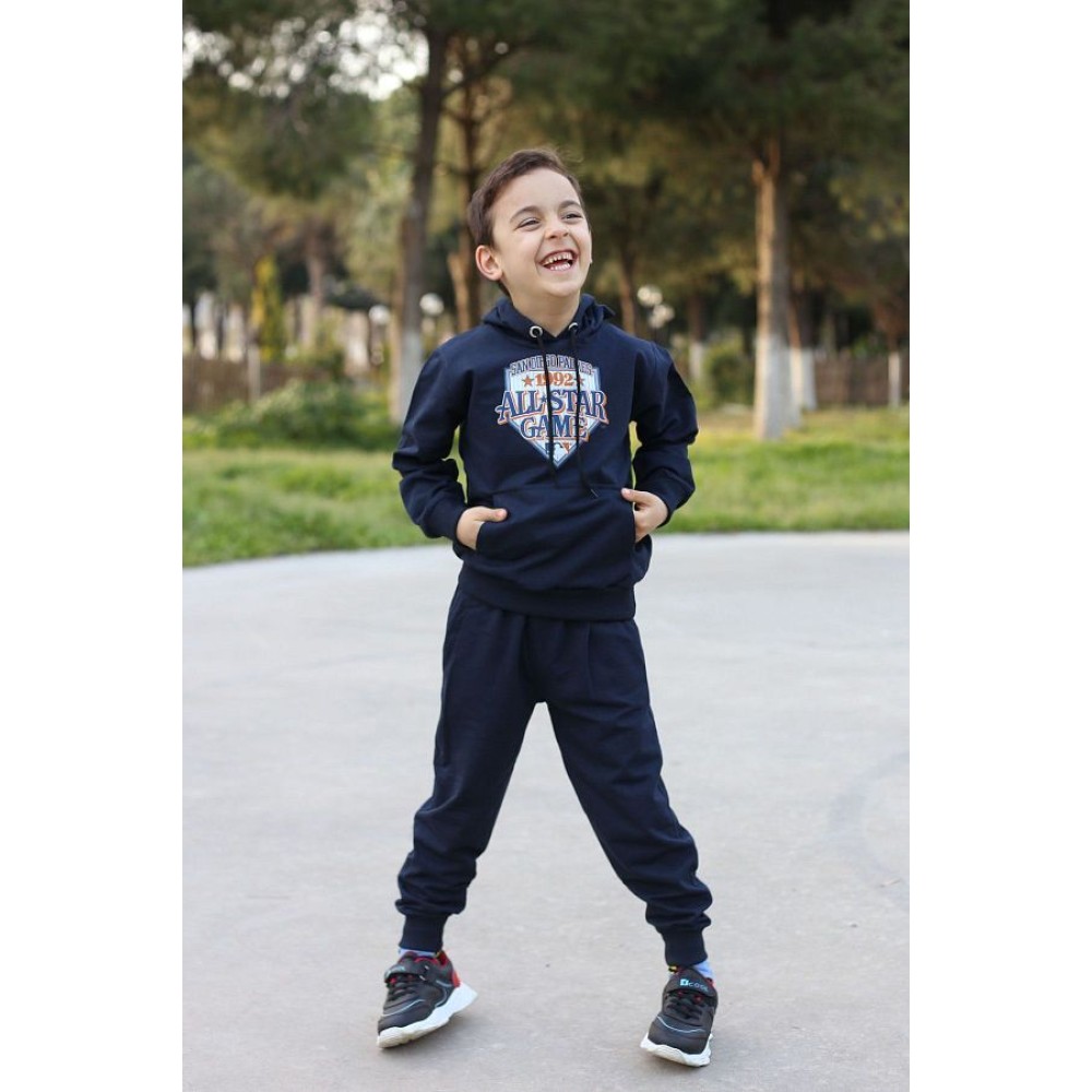 Children's Printed Hooded Tracksuit Set with Kangaroo Pockets - Dark Blue