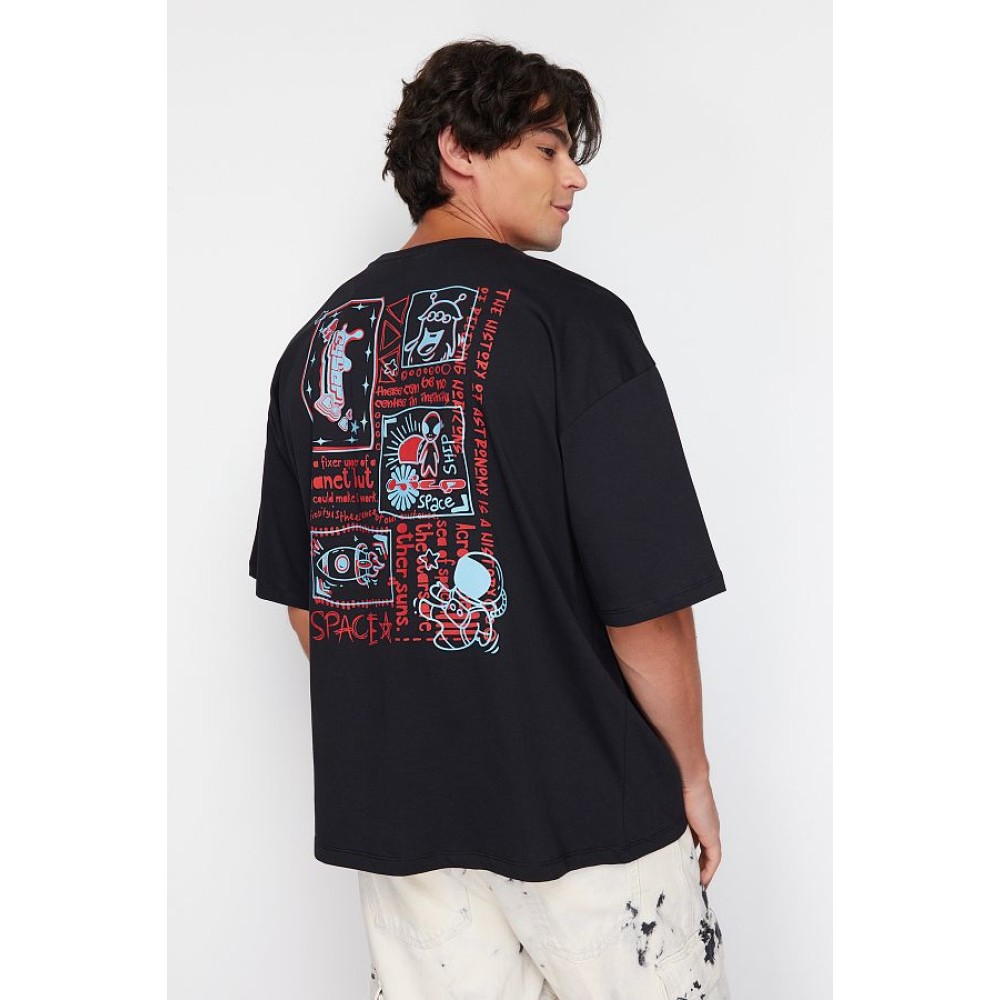 Black Oversize Back Printed Cotton T-Shirt – Crew Neck, Short Sleeve