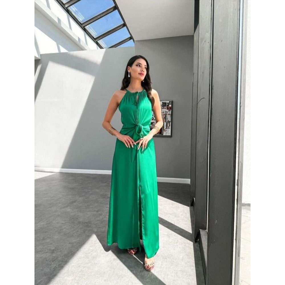 Sands Tekstil Slit Satin Dress with Tie Detail - Green Party Dress