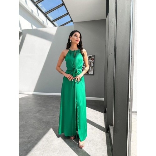 Sands Tekstil Slit Satin Dress with Tie Detail - Green Party Dress