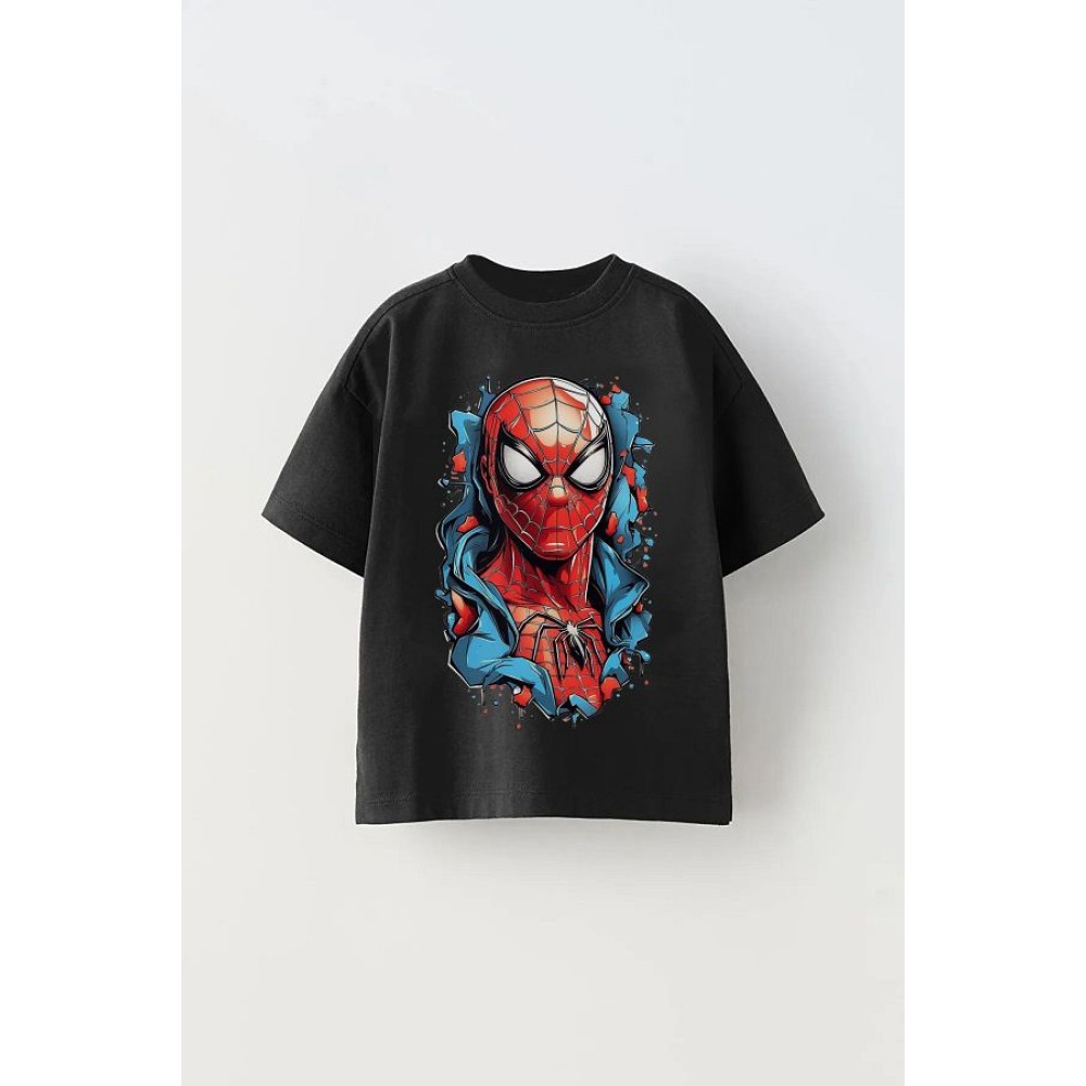 Spider-Man Spider-Patterned Oversized T-Shirt for Kids – Black Cotton Tee