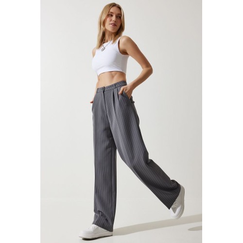 Happiness İstanbul Women's Gray Slim Striped Masculine Palazzo Pants