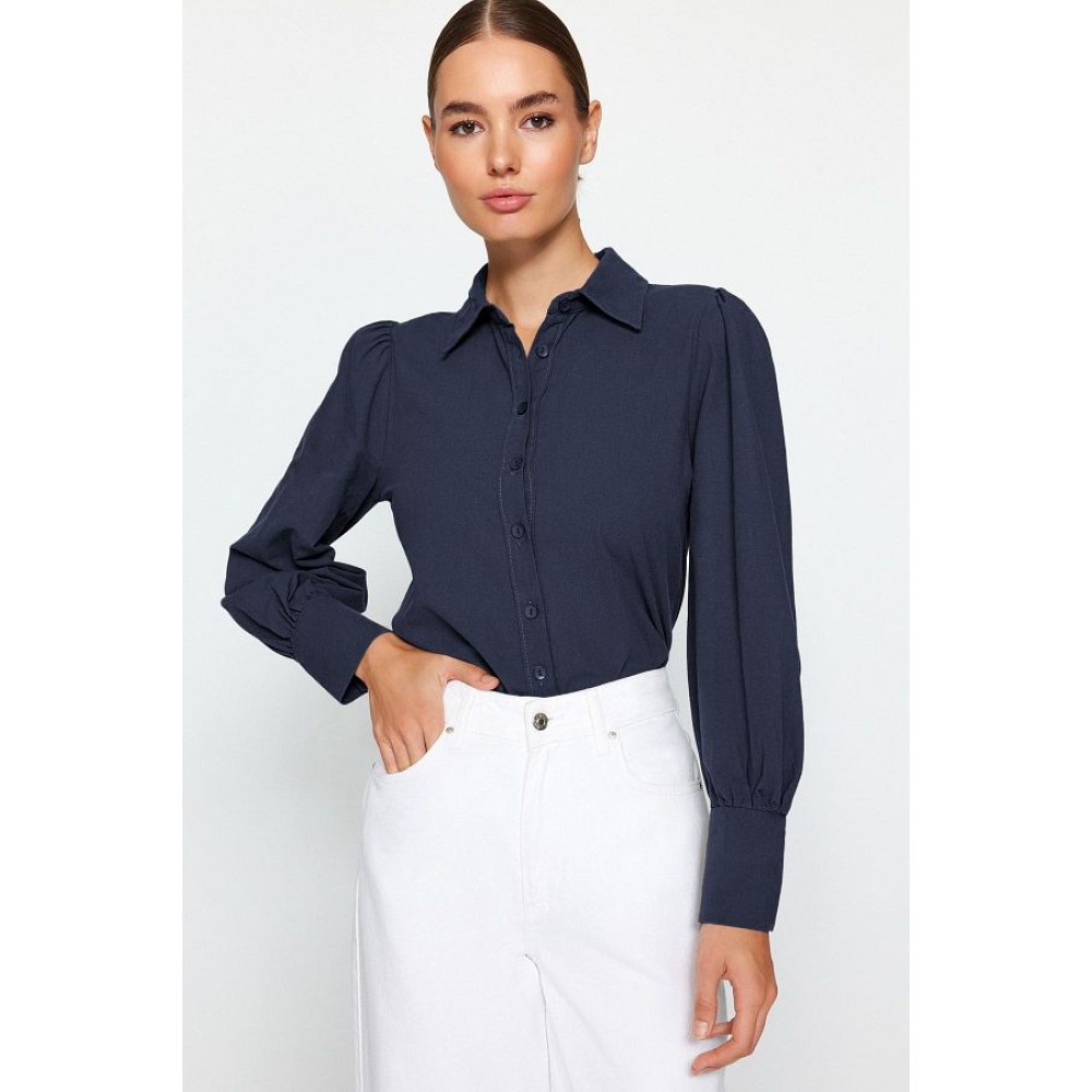 Balloon Sleeve Dark Navy Blue Cotton Shirt