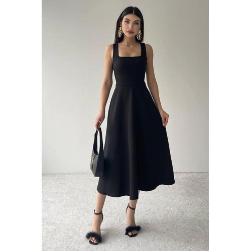 Black Midi Dress with Square Collar and Thick Straps | A-Line Casual Fit