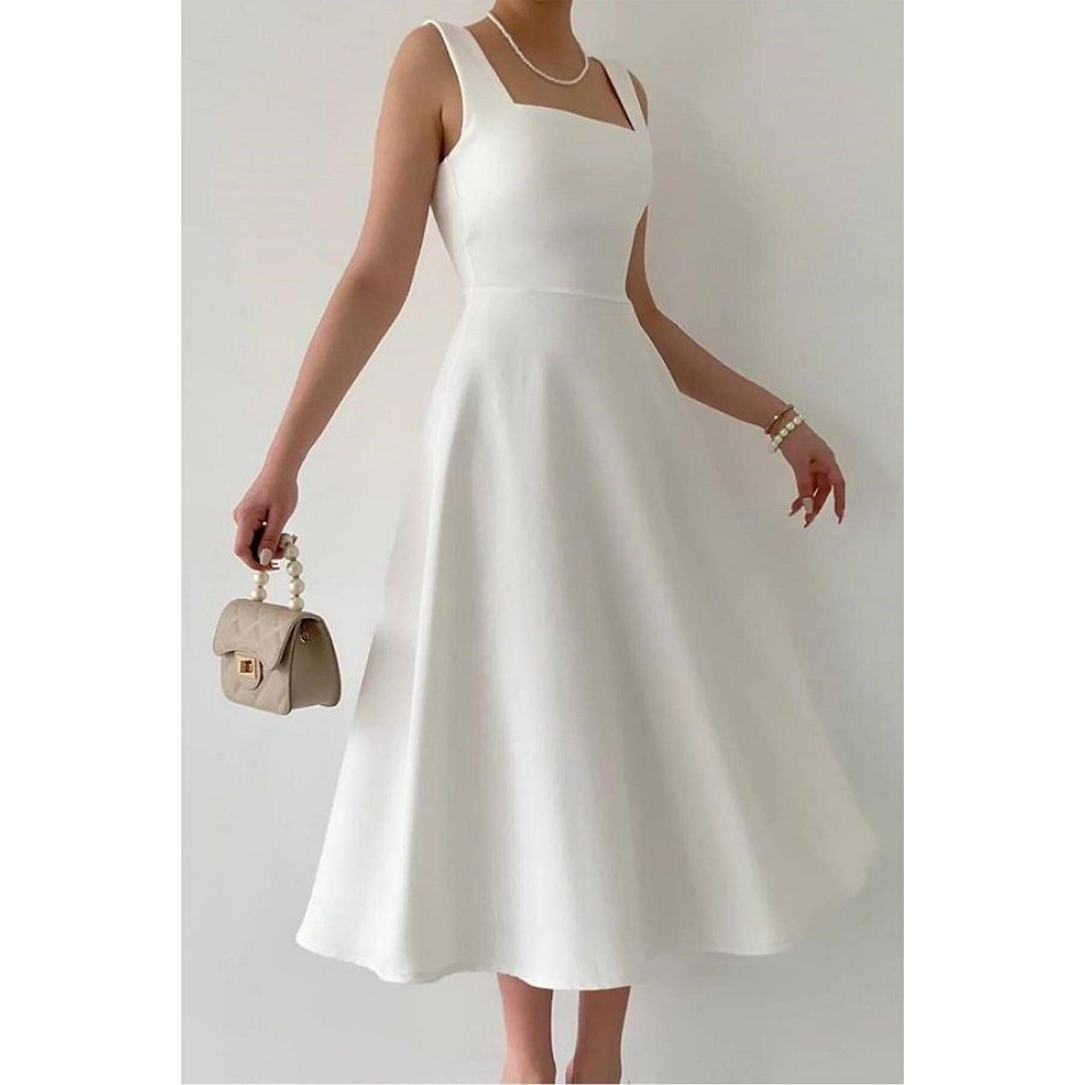 White Midi Dress with Square Collar & Thick Straps | Casual Fashion