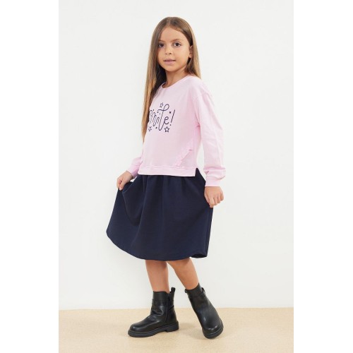 Girls' Pink Thin Seasonal Knitted Dress with Slogan Pattern