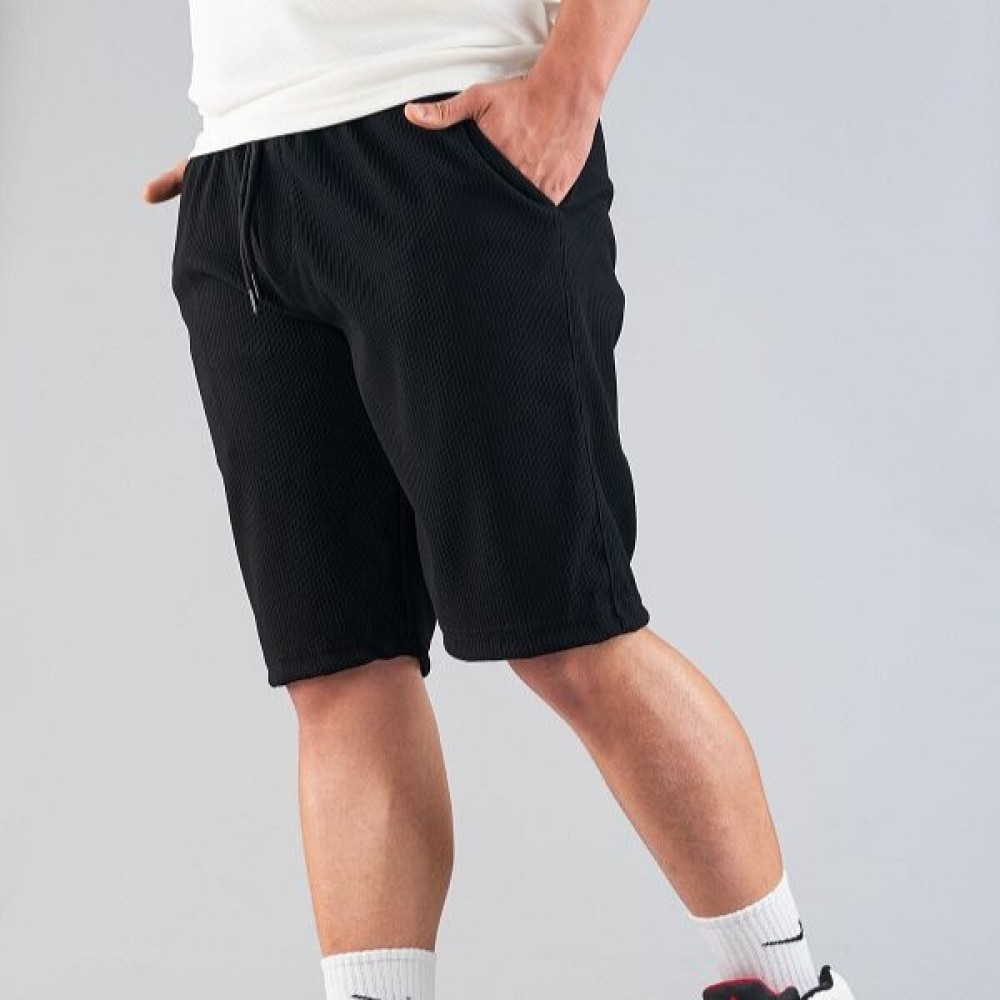 Bombe Men's Casual Ribbed Straight Shorts - Black Slim Fit with Side Pockets