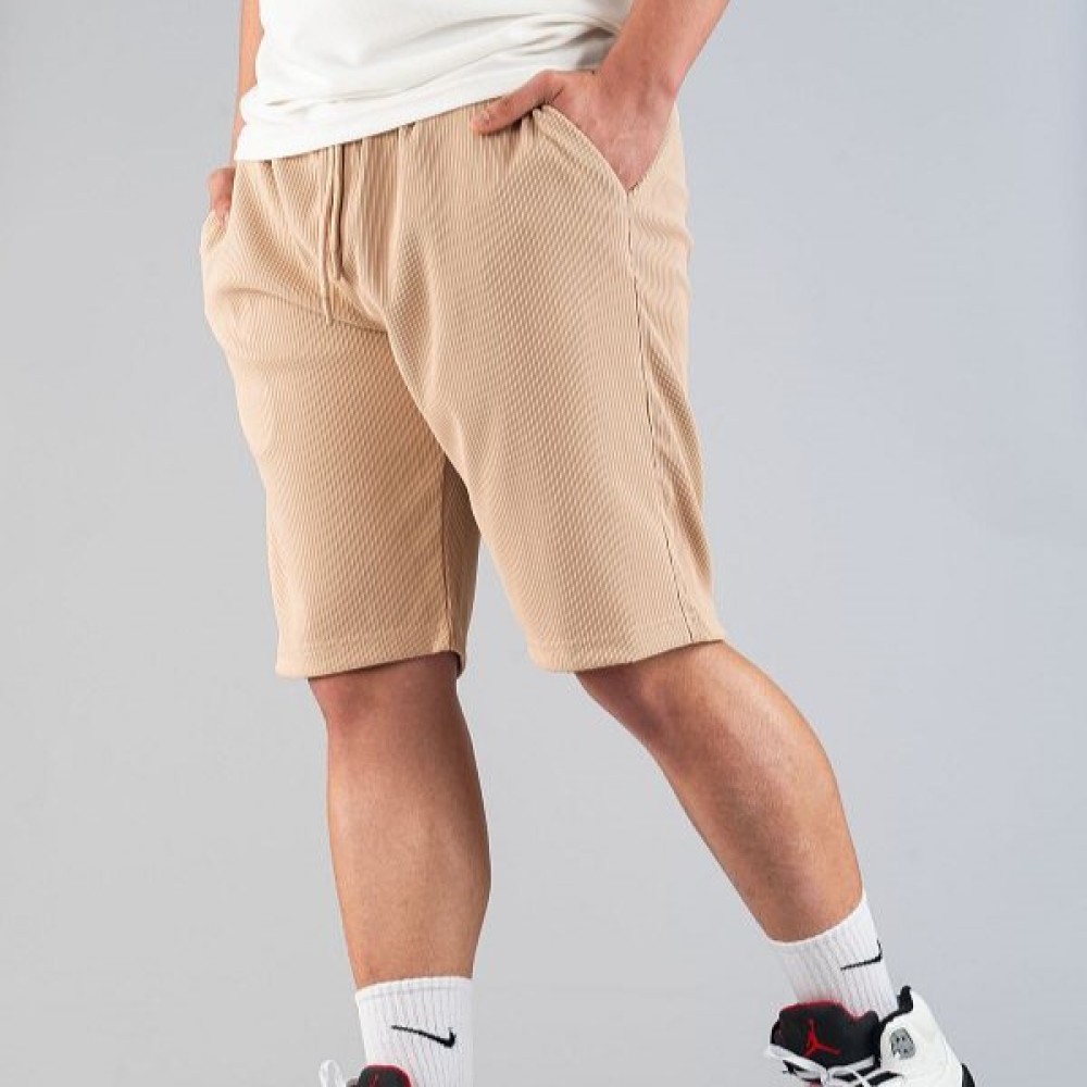 Bombe Men's Casual Ribbed Straight Shorts - Beige Slim Fit with Side Pockets