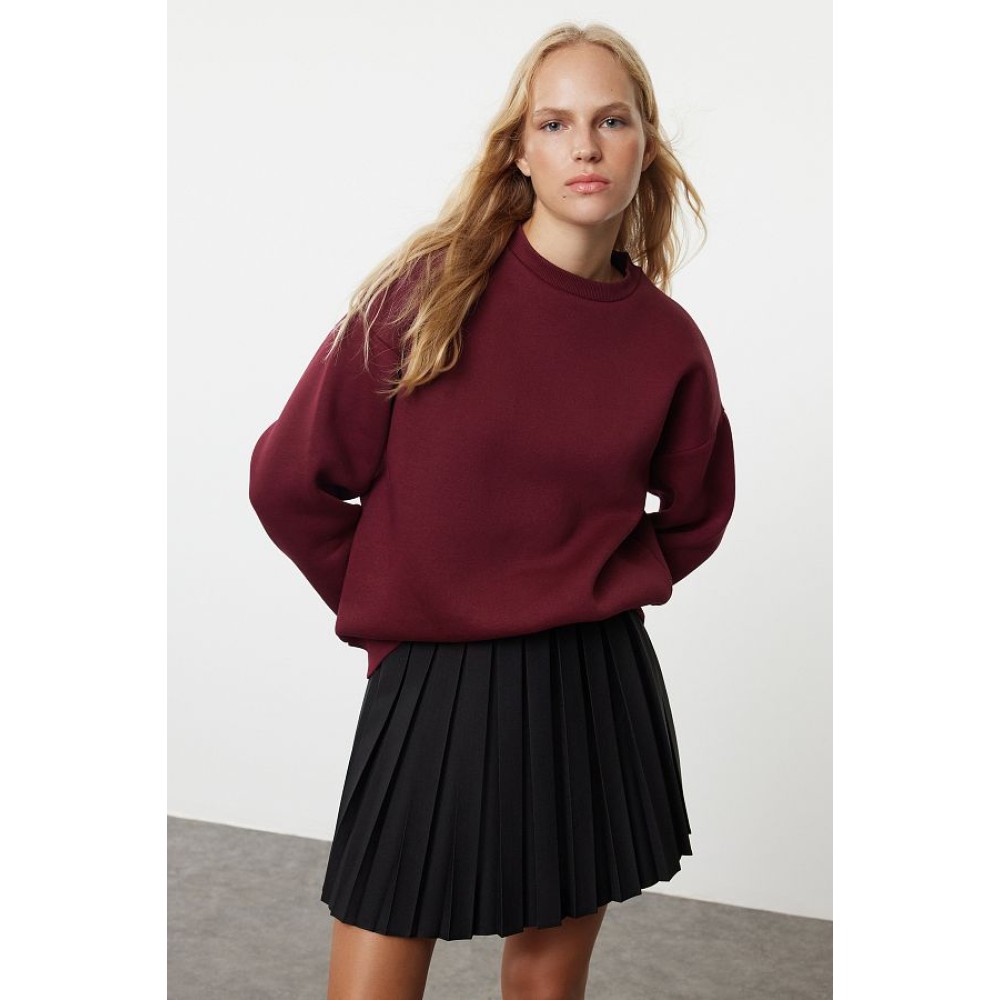 Claret Red Crew Neck Fleece Oversize Sweatshirt - Long Sleeve