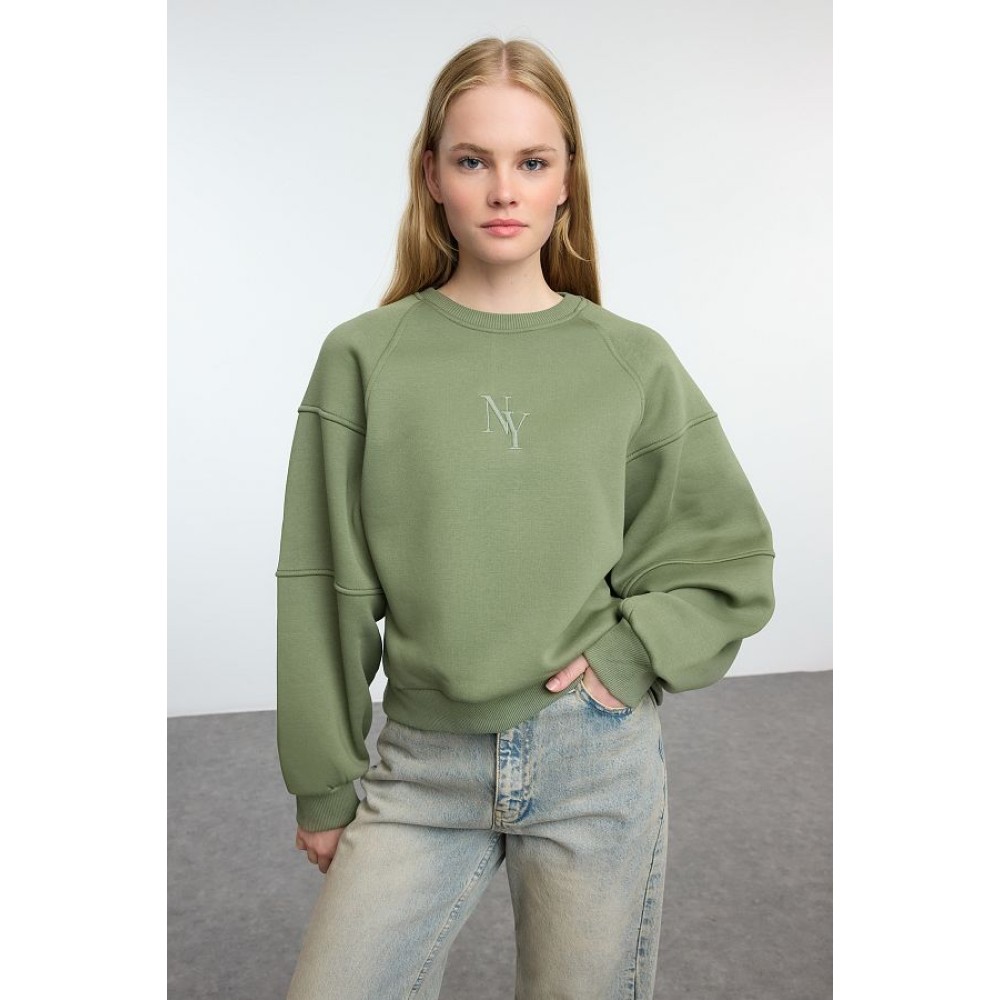 Khaki Embroidered Crew Neck Sweatshirt with Fleece Interior - Crop, Regular Fit