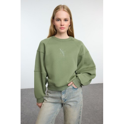 Khaki Embroidered Crew Neck Sweatshirt with Fleece Interior - Crop, Regular Fit