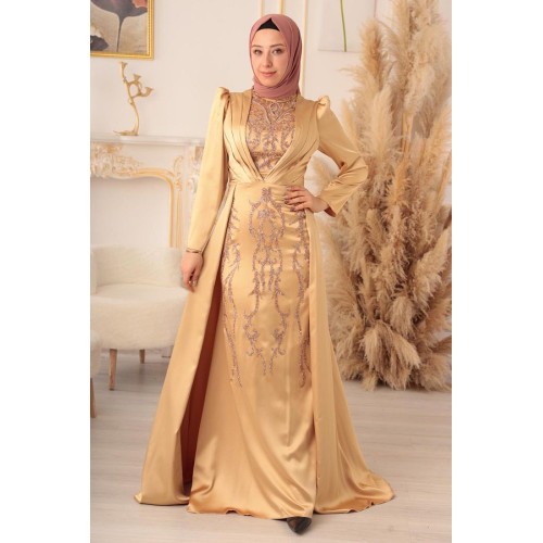 Modamartı Star Satin Evening Dress - Cape Fish Model Hijab Evening Dress