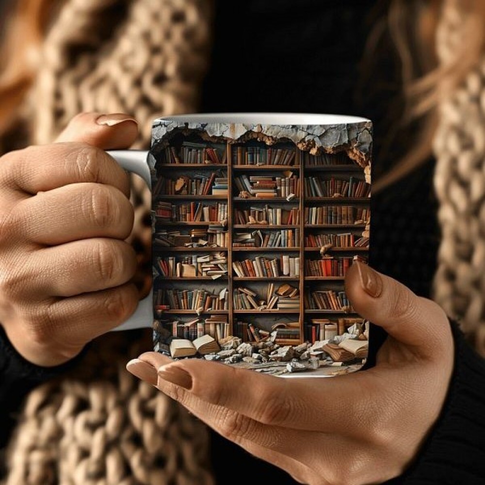 Evion Bookshelf Library 3D Design Ceramic Mug – Perfect Gift for Book Lovers