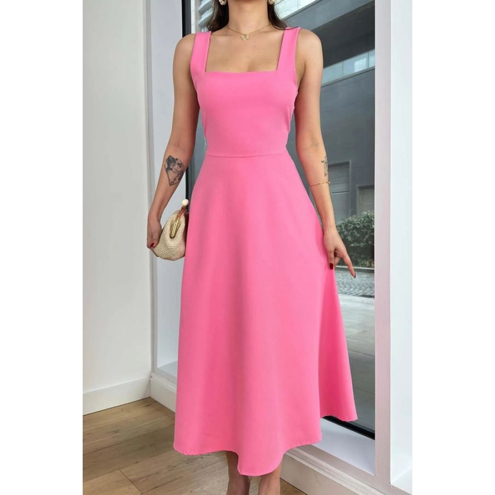 Pink Midi Dress with Square Collar and Thick Straps | Casual A-Line Fit