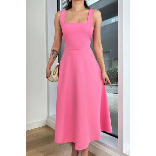 Pink Midi Dress with Square Collar and Thick Straps | Casual A-Line Fit