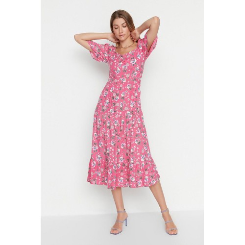 Floral Print A-Line Midi Dress with Balloon Sleeves – Feminine Elegance