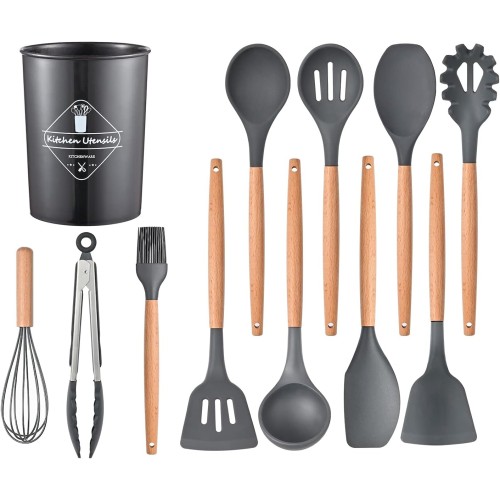 AWH 12-Piece Silicone Kitchen Utensils Set – Heat-Resistant Nonstick Tools with Wooden Handles