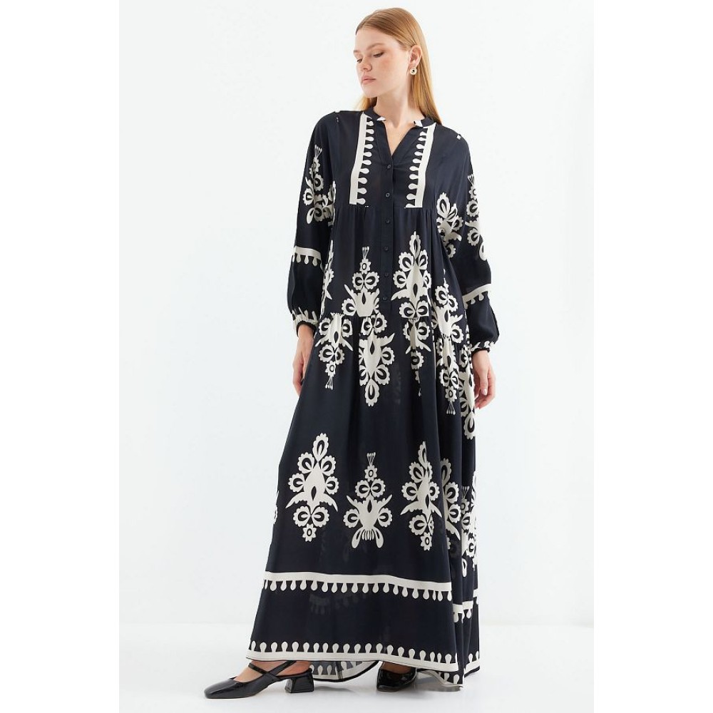 Bigdart Authentic Patterned Black Asymmetric Dress – Modest Long Viscose Outfit