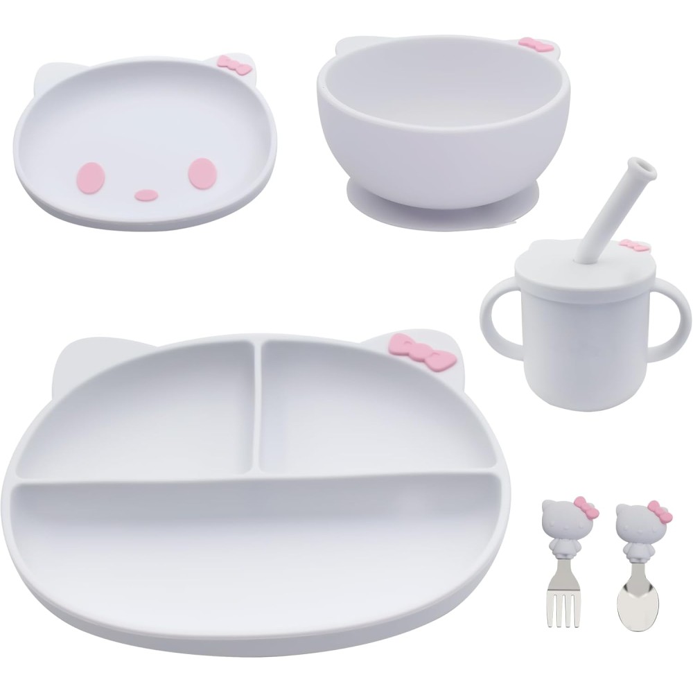 EBS SOUQ Silicone Baby Feeding Set - Baby Led Weaning Kit with Suction Bowl, Divided Plate, Mug & Spoons