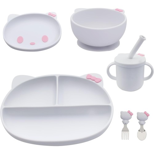 EBS SOUQ Silicone Baby Feeding Set - Baby Led Weaning Kit with Suction Bowl, Divided Plate, Mug & Spoons