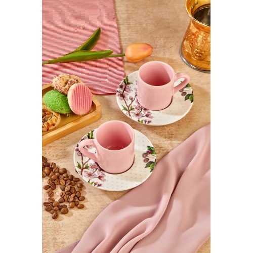 Babion Lux Ceramic Cherry Pink Turkish Coffee Cup Set for 2 – 80ml Cups with 6 Cup Mats