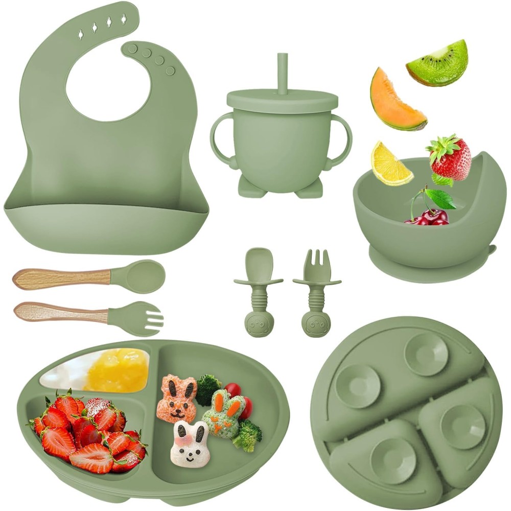 Silicone Baby Feeding Set | Baby Led Weaning Supplies with Suction Bowl, Divided Plate & Bib