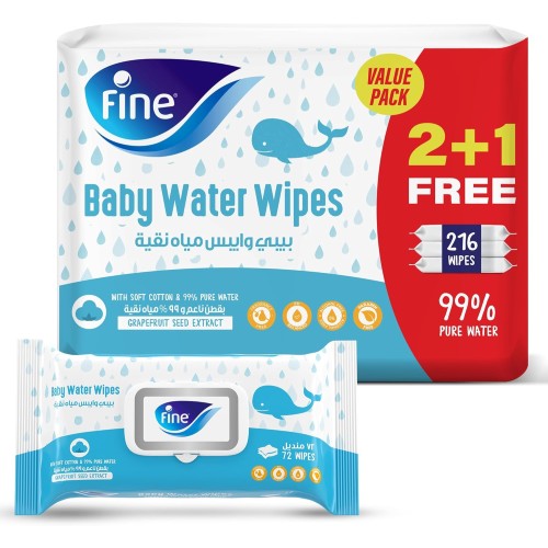 Fine Baby Water Wipes - 216 Count (3 Packs of 72), 99% Pure Water, Alcohol-Free, Fragrance-Free, Paraben-Free