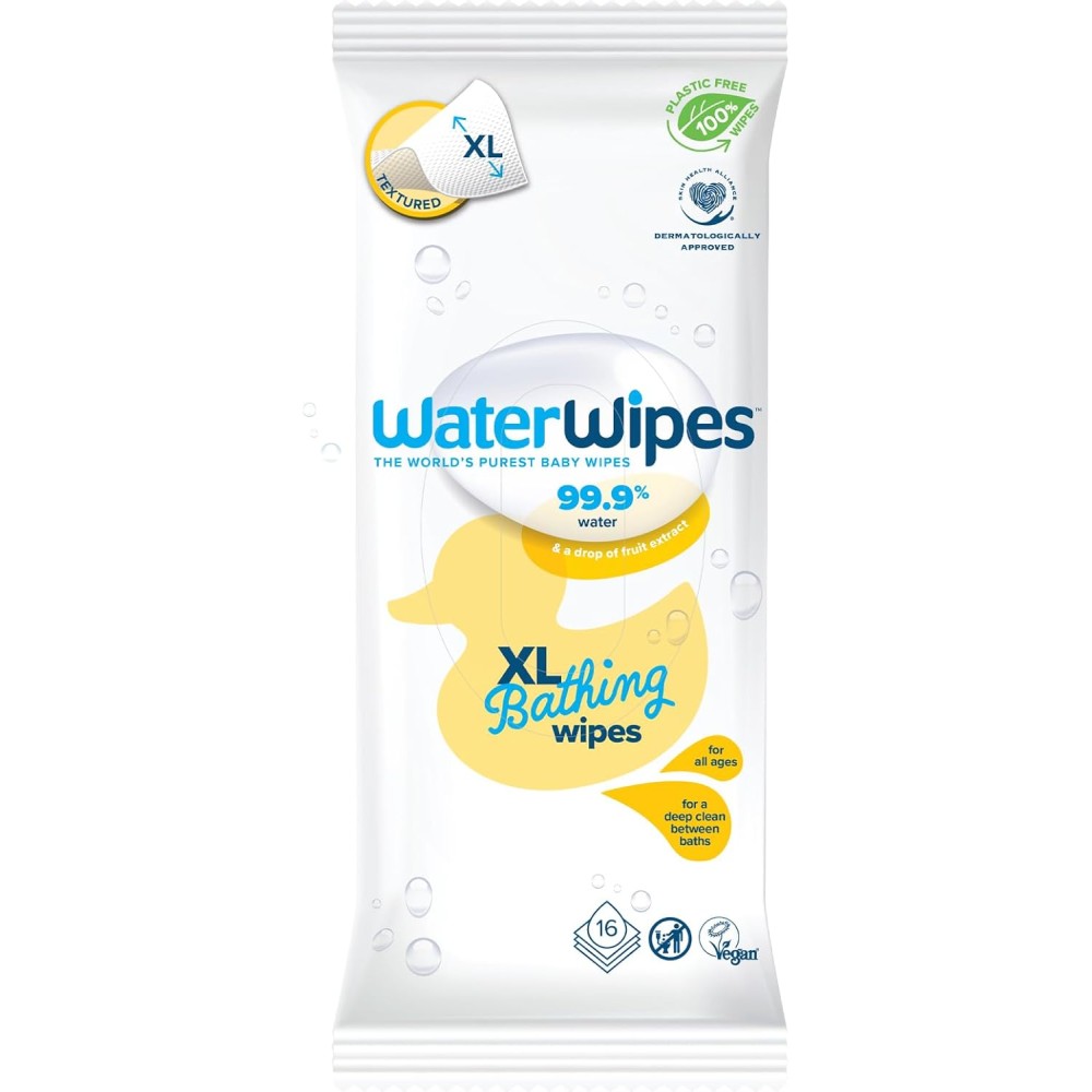 WaterWipes XL Bathing Baby Wipes, 99.9% Water-Based, Unscented & Plastic-Free, 16 Wet Wipes