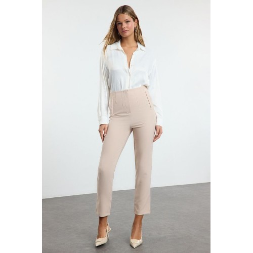 Trendyol Collection High Waist Beige Cigarette Pants – Collared & Ankle Length