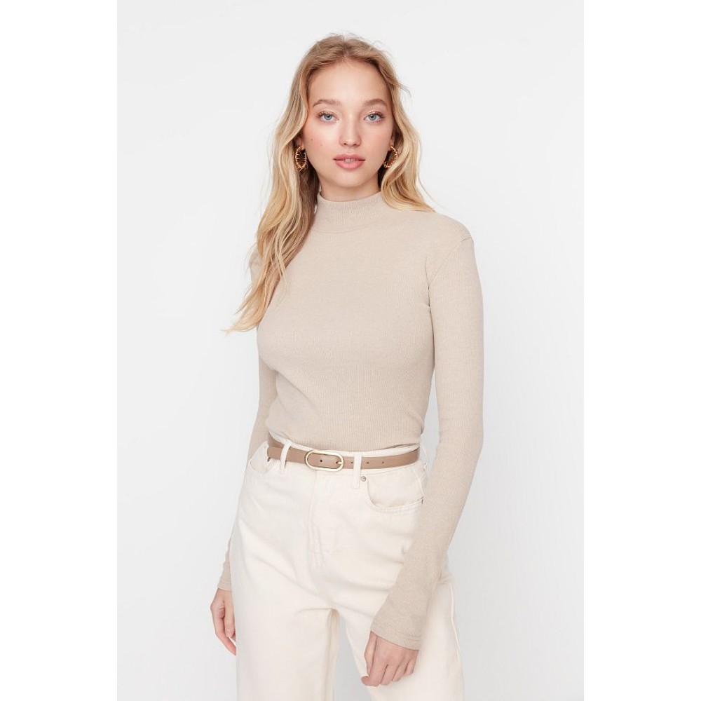 Trendyol Beige Slim Fit Ribbed High Collar Long Sleeve Knitted Blouse