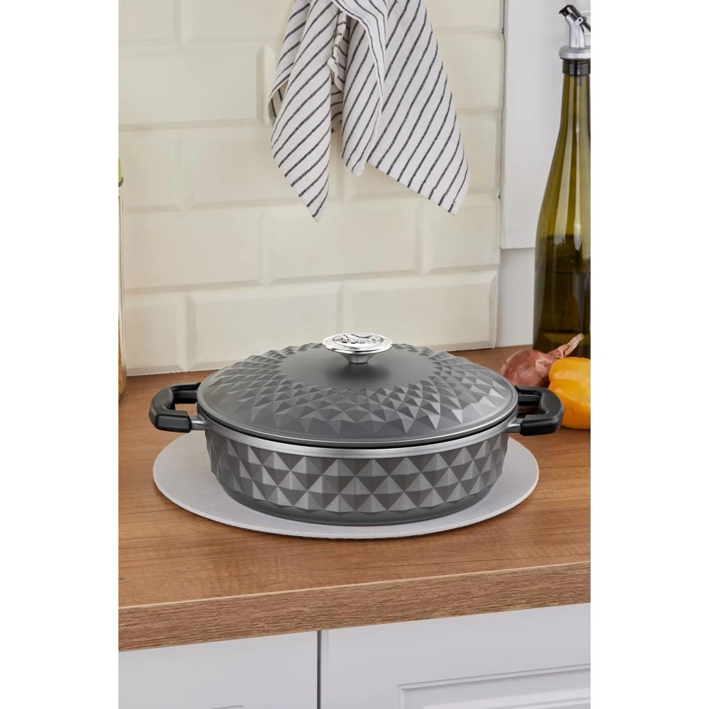 Taç Bella Cast Cover Flat Pot - 26 cm, Gray | Premium Cookware