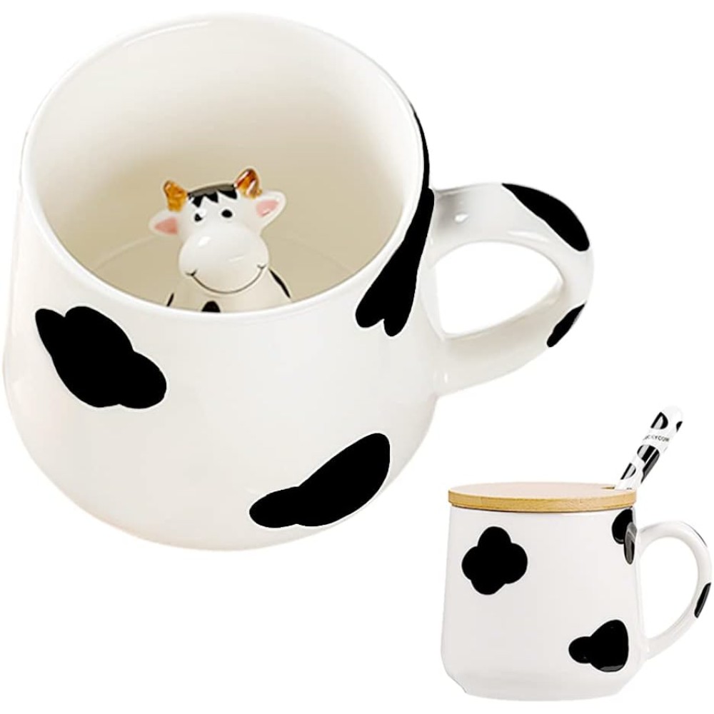 BigNoseDeer Cute Ceramic Cow Mug with 3D Figurine Inside, Lid & Spoon, 13oz