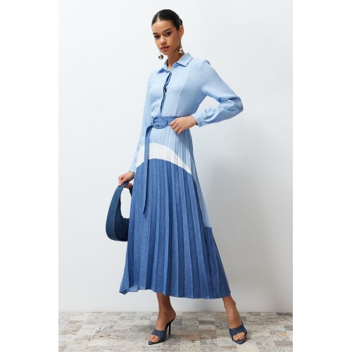 Blue Color Blocked Maxi Woven Shirt Dress – Trendyol Modest Collection