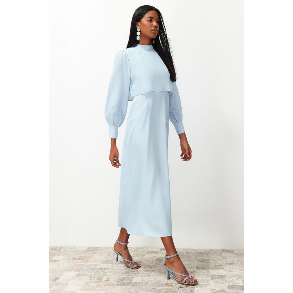 TRENDYOL MODEST Blue Maxi Dress with Standing Collar and A-Line Design