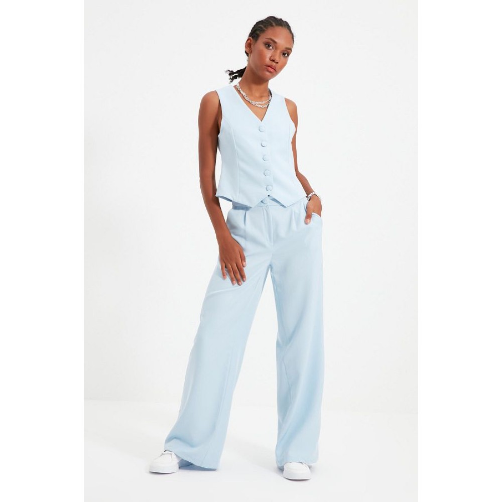 Trendyol Collection Light Blue Wide Leg Pleated Trousers – High Waist Woven Fabric