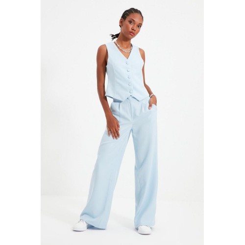 Light Blue Wide Leg Pleated Trousers – High Waist Woven Fabric