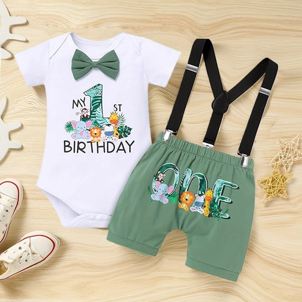 Infant Baby Boy Cartoon Graphic Bow Tie Romper & Strap Shorts Birthday Outfit