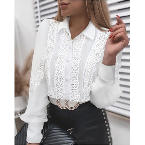 Spring White Lace Shirts – Long Sleeve Casual Office Tops for Women 2024