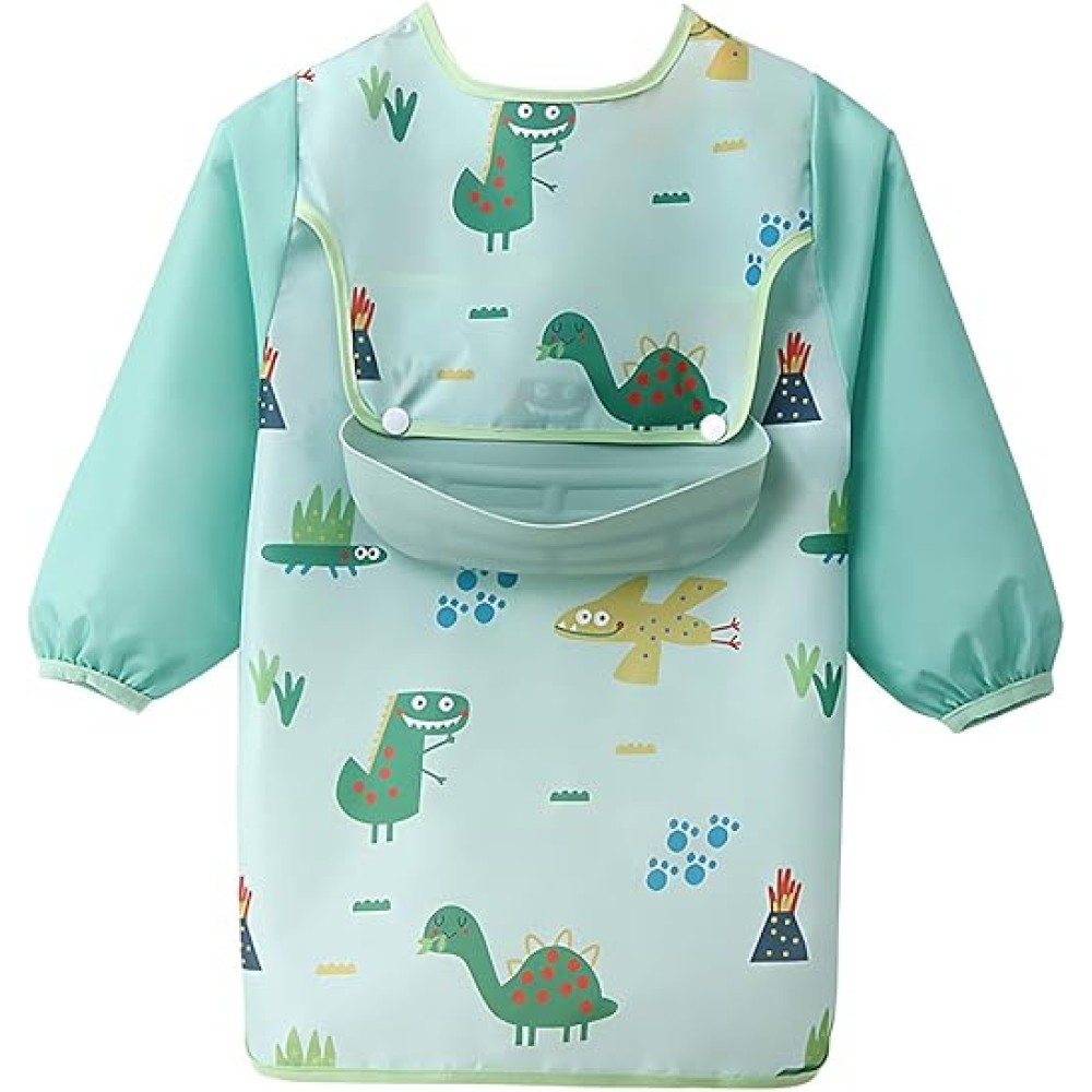 ECVV Waterproof Baby Bibs, Long Sleeve Toddler Feeding Bib with Food Catcher, Cute Dinosaur Design