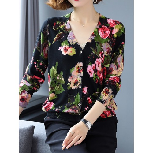 Floral Print Long Sleeve Cardigan for Women – Casual Autumn Knitwear with Button Closure